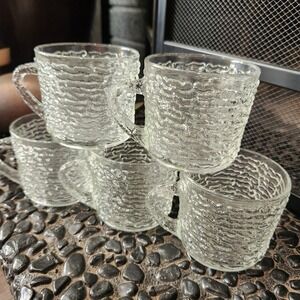 1970s MCM Indiana Glass Company Tree Bark Crystal Cup set of‎ 5